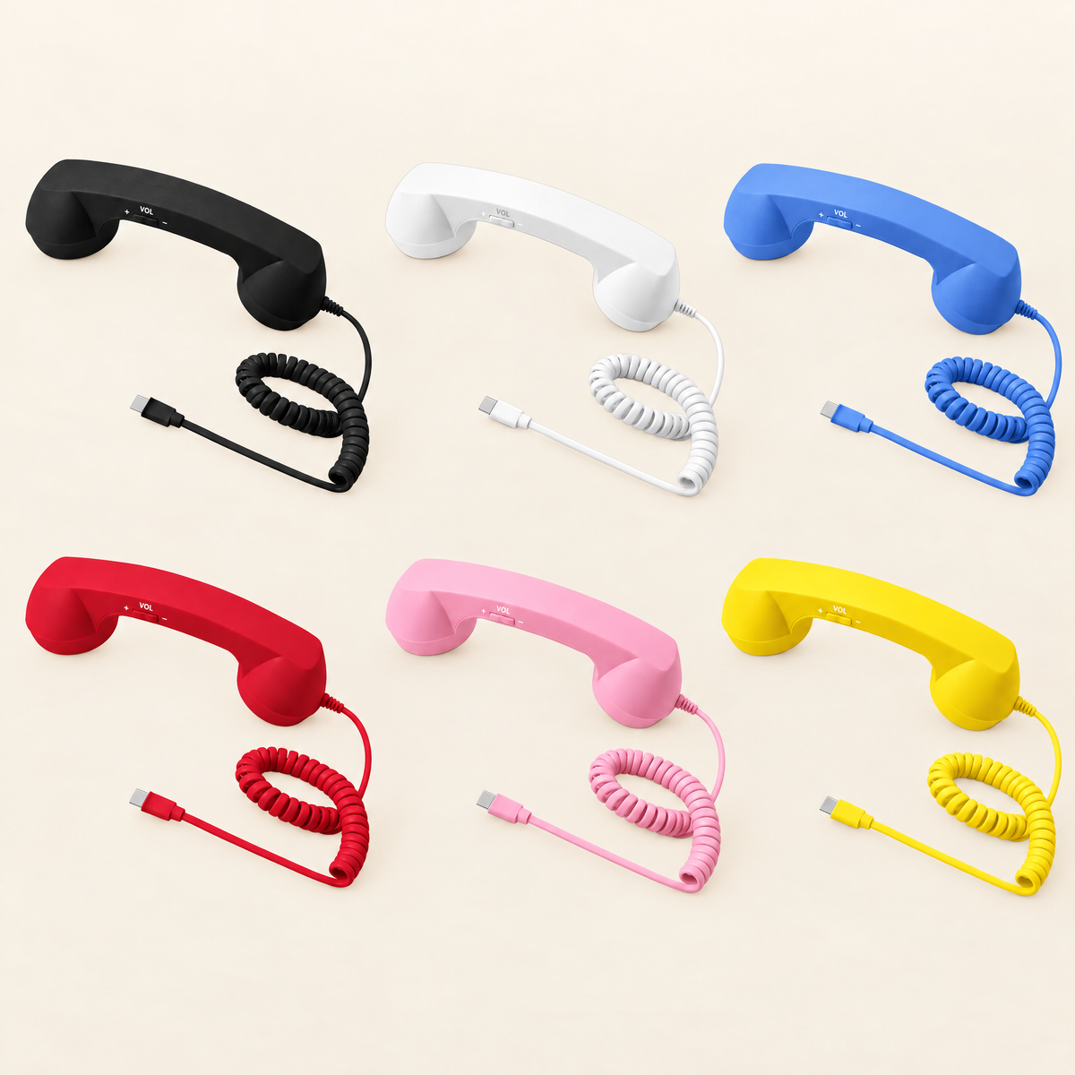 Retro phone handset for smartphones in all 6 colors: black, red, pink, white, yellow and blue